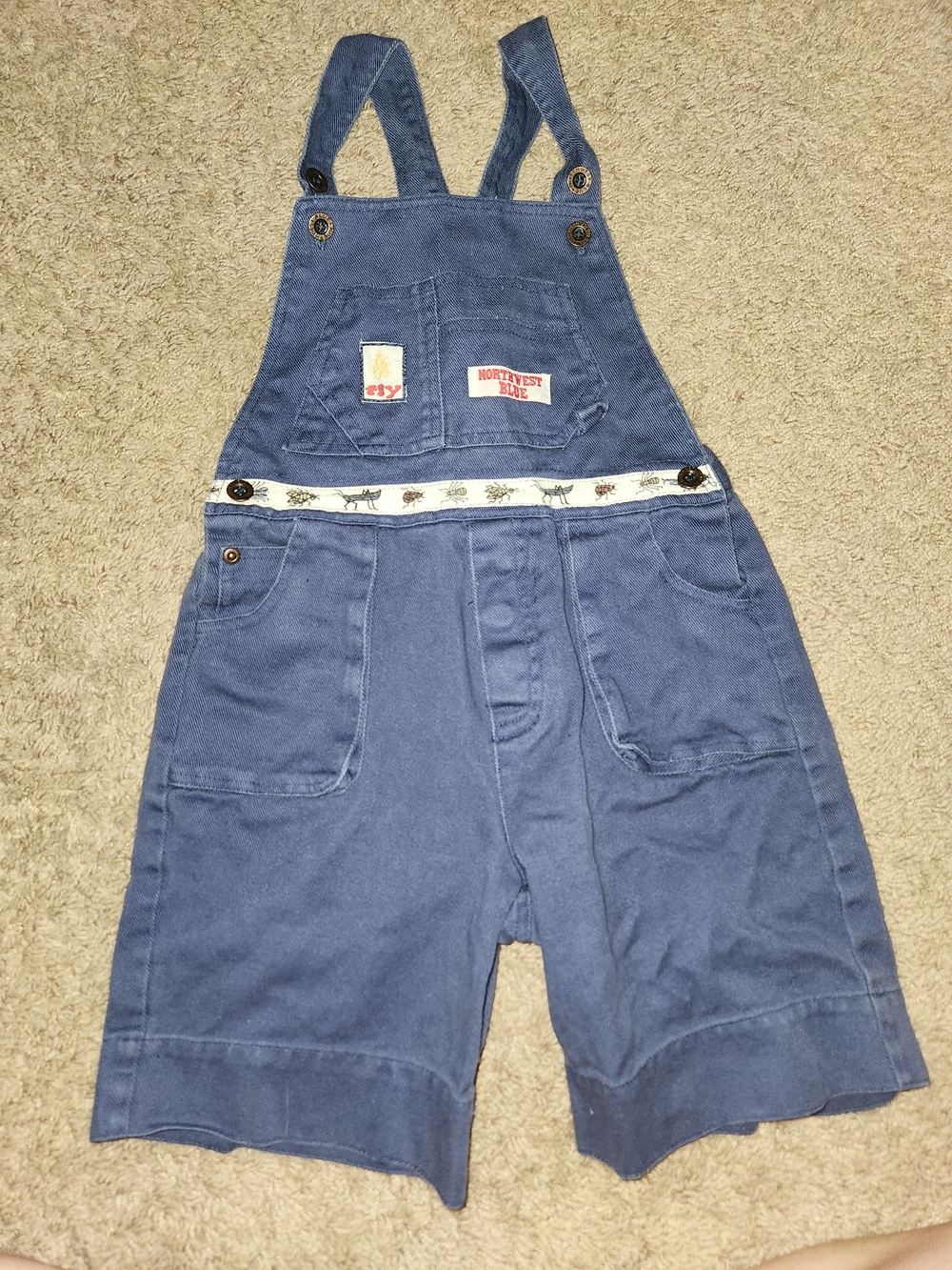 Northwest Blue Kids Denim Short Overalls Embroidered Waist Trim Vintage Size 7